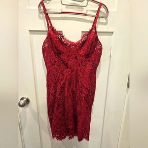 "Red Lace Bodycon Dress Bodysuit L Large Floral Overlay Adjustable Straps"